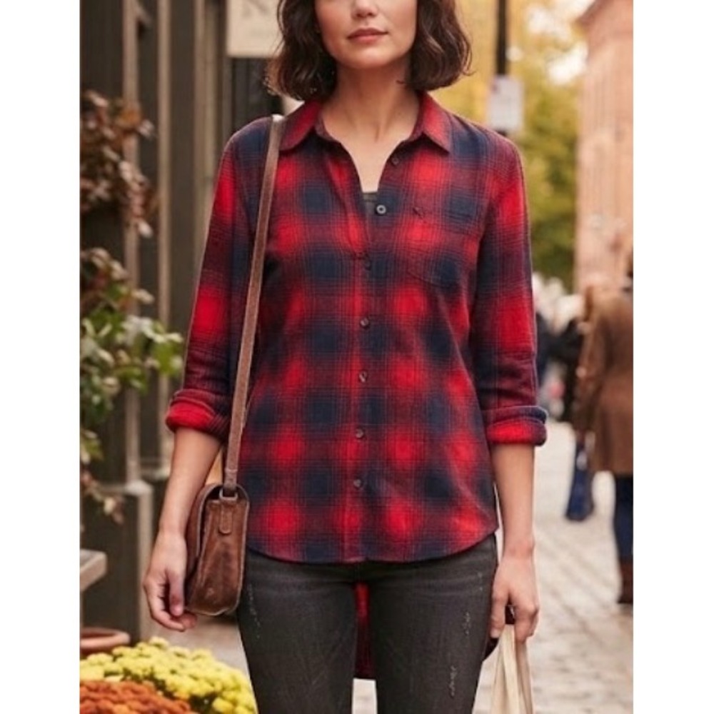 Madewell Classic Red Navy Plaid Flannel Button Down Shirt Women Small S